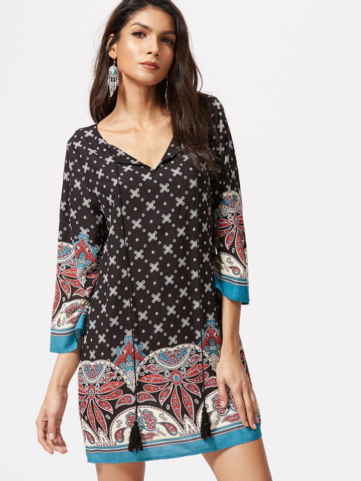 Romwe Black Ornate Print Tassel Tie Neck 3/4 Sleeve Tunic Dress