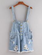 Romwe Buttoned Front Ripped Blue Denim Overall Shorts