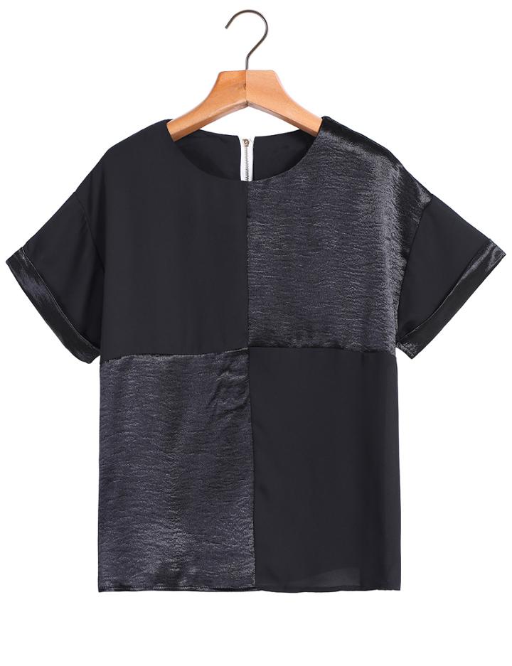 Romwe Round Neck Contrast Brilliant Black Blouse
