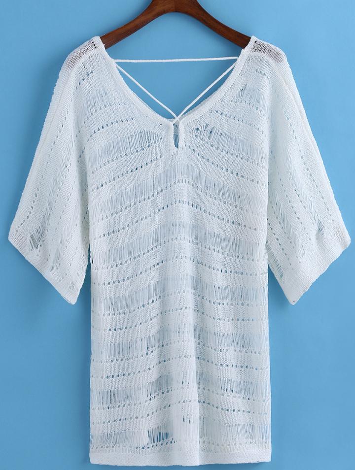 Romwe Knit Hollow Long White Sweater