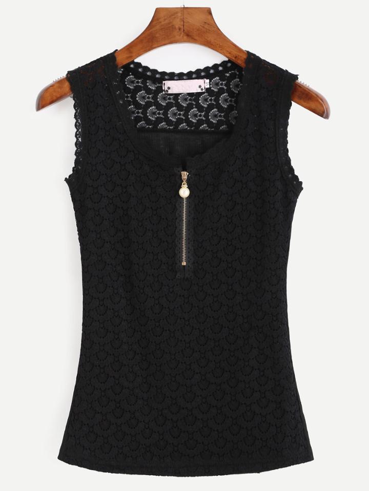 Romwe Black Lace Trim Zipper Front Tank Top