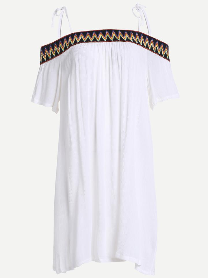 Romwe White Chevron Embroidered Detail Tied Cold Shoulder Dress