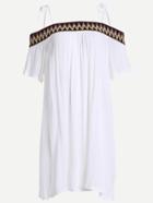 Romwe White Chevron Embroidered Detail Tied Cold Shoulder Dress