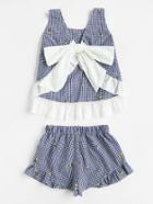 Romwe Contrast Trim Tie Back Checkered Top And Shorts Set