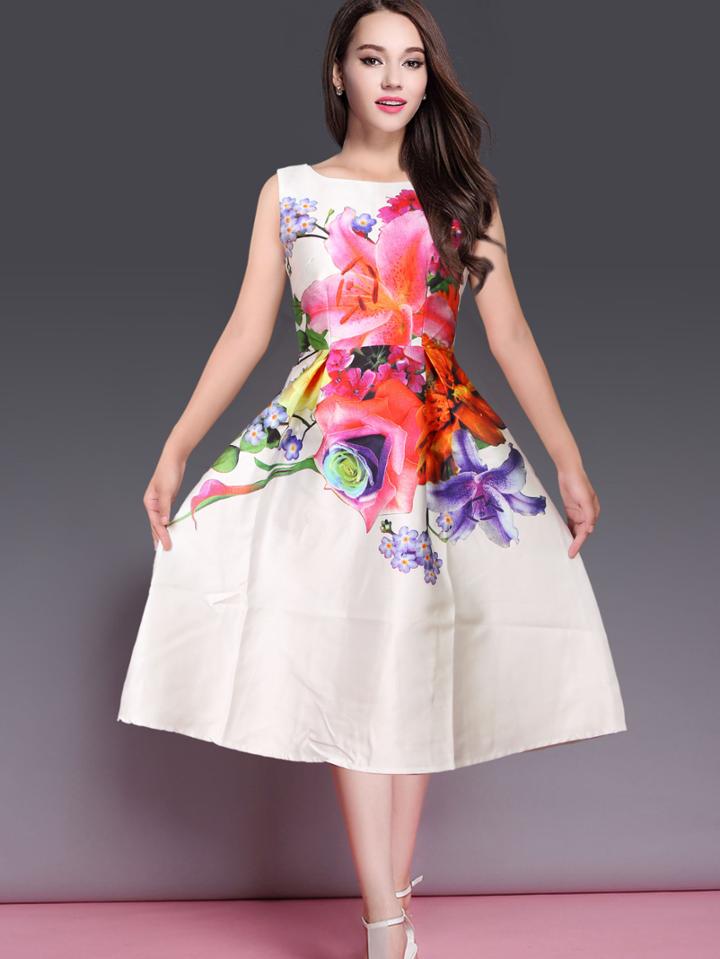 Romwe Sleeveless Florals Flare White Dress