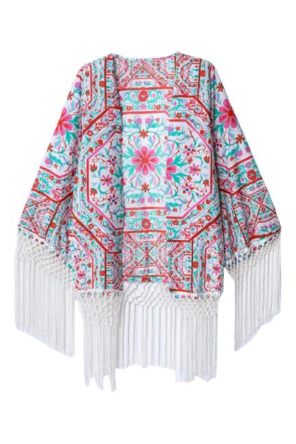 Romwe Romwe Tassel Floral Print Open Front Coat