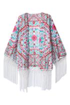 Romwe Romwe Tassel Floral Print Open Front Coat