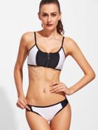 Romwe Black And White Color Block Zipper Front Bikini Set