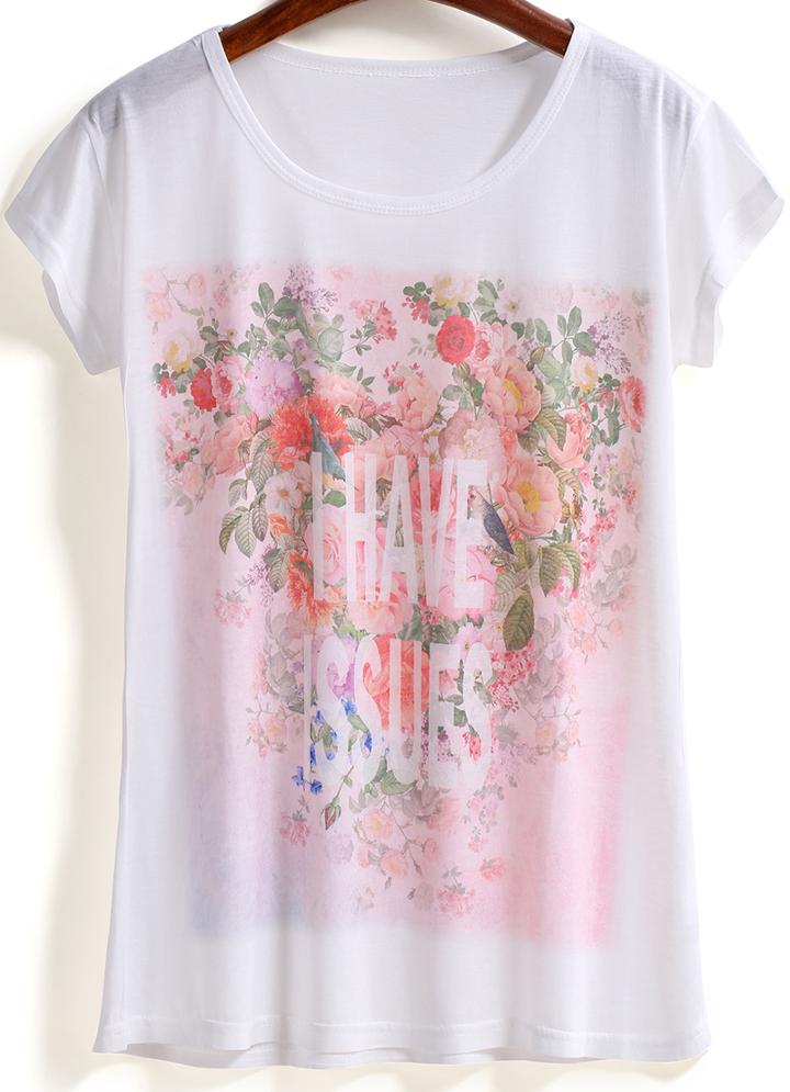 Romwe Flower Letter Print T-shirt