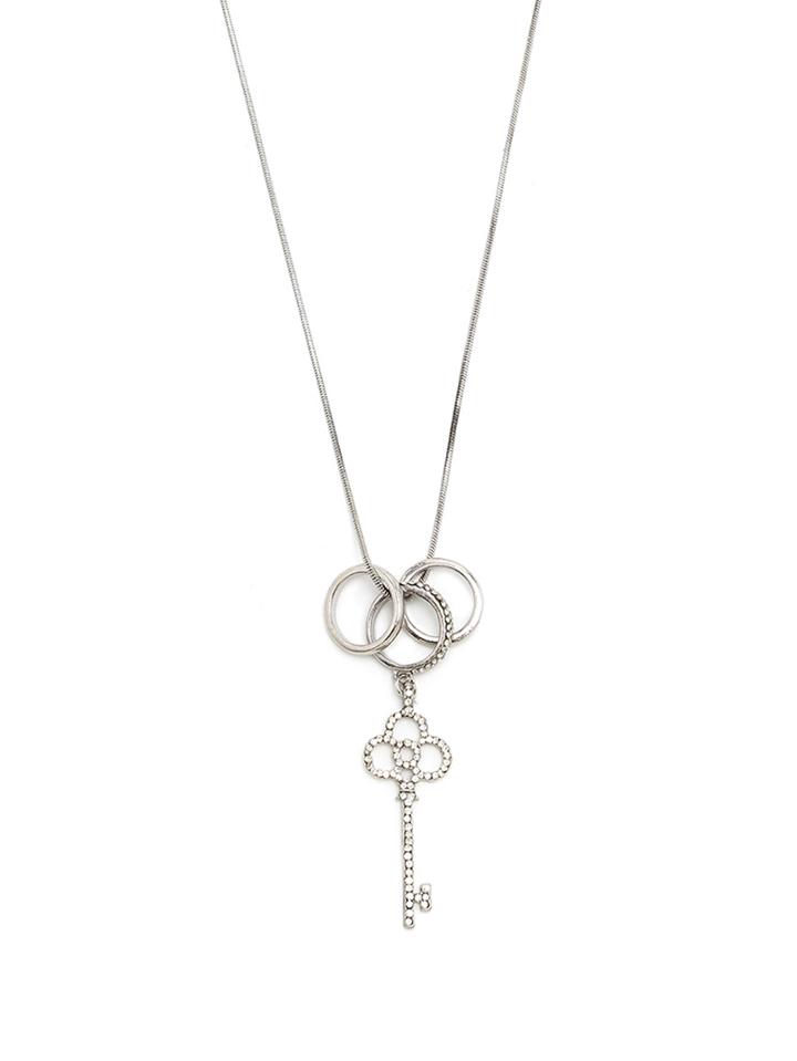 Romwe Silver Ring Set And Rhinestone Key Pendant Necklace