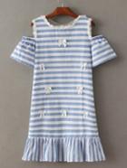 Romwe Blue And White Cold Shoulder Stripe Bow Dress