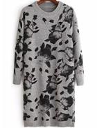 Romwe Ink Print Grey Sweater Dress