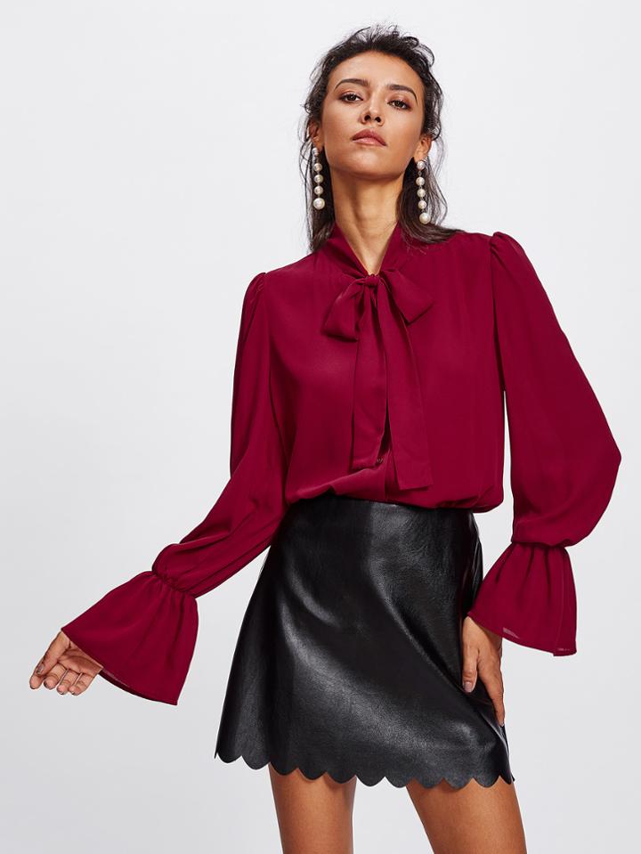 Romwe Elastic Trumpet Cuff Bow Tied Blouse