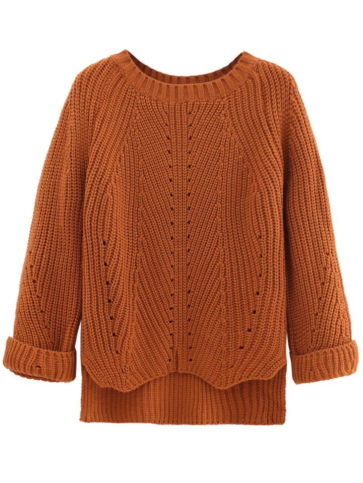 Romwe Brown Cuffed Sleeve Dip Hem Textured Sweater