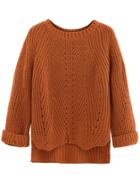 Romwe Brown Cuffed Sleeve Dip Hem Textured Sweater