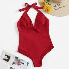 Romwe Frill Trim Halter One Piece Swimsuit