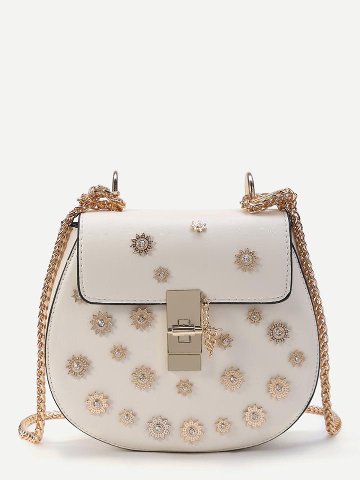 Romwe Flowers Detail Twist Lock  Pu Crossbody Chain Bag
