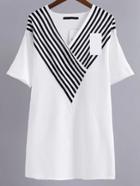 Romwe White Striped V Neck Long Knitwear