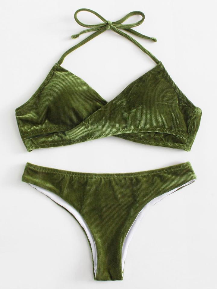 Romwe Solid Corduroy Wrap Bikini Set