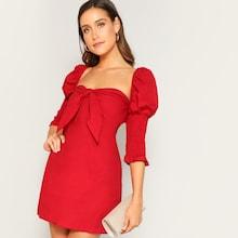 Romwe Knot Front Shirred Sleeve Dress