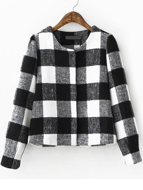 Romwe Round Neck Plaid Black Coat