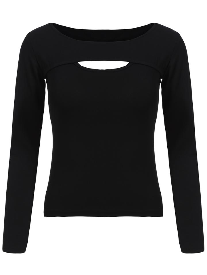 Romwe Long Sleeve Cut Out Black T-shirt