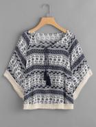 Romwe Vintage Print Tassel Tie Neck Crochet Trim Top