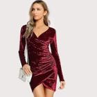 Romwe Ruched Surplice Crushed Velvet Dress