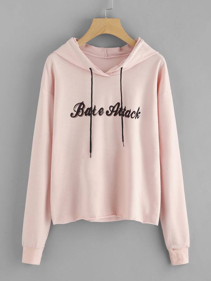 Romwe Slogan Print Raw Hem Hoodie