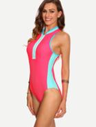 Romwe Zip Front Hot Pink One-piece Swimwear