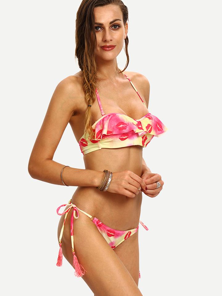 Romwe Multicolor Ruffled Lip Print Bikini Set