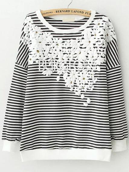 Romwe Striped Flower Letter Embossed Grey Sweatshirt