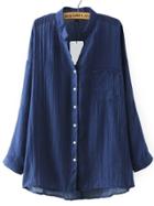 Romwe Navy Stand Collar Pockets Loose Blouse