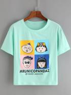 Romwe Cartoon Print Green T-shirt