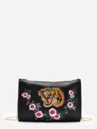 Romwe Tiger Embroidery Clutch Bag With Chain