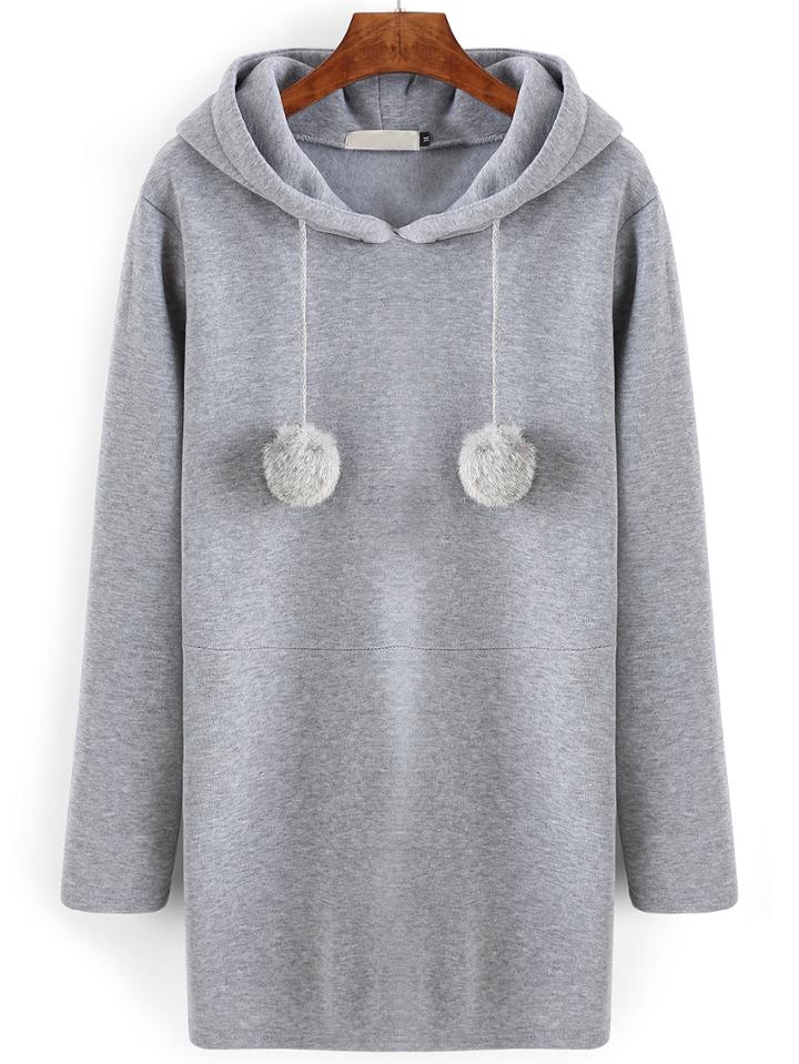 Romwe Hooded Grey Sweatshirt Dress With Pom Pom
