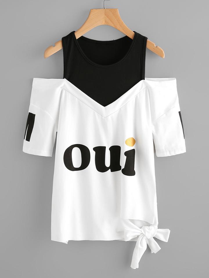 Romwe Open Shoulder Letter Print Knot Side Tee
