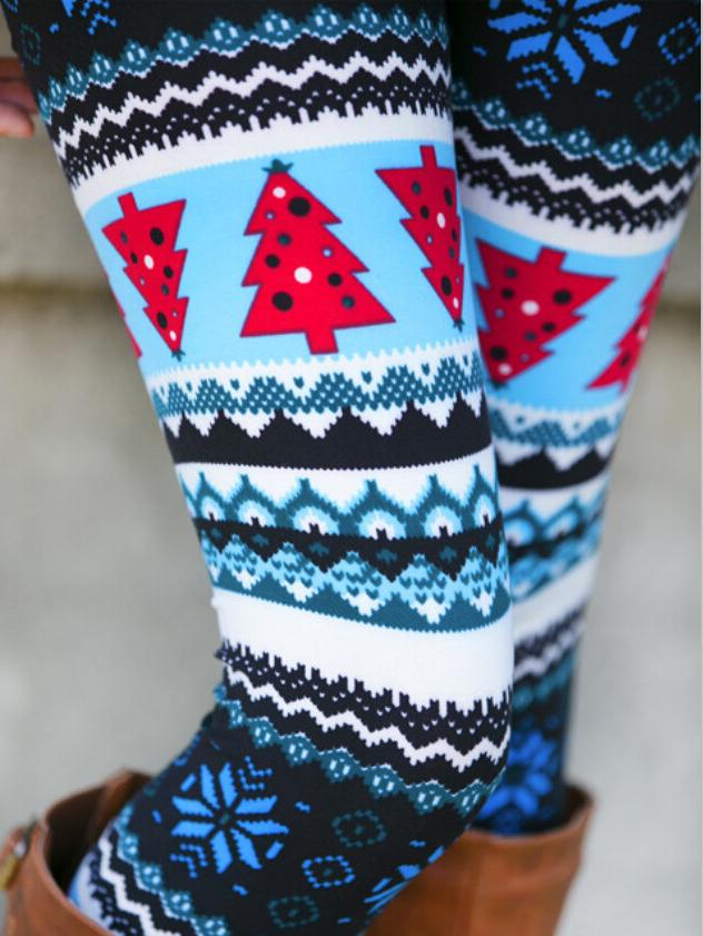 Romwe Elastic Waist Christmas Trees Print Leggings