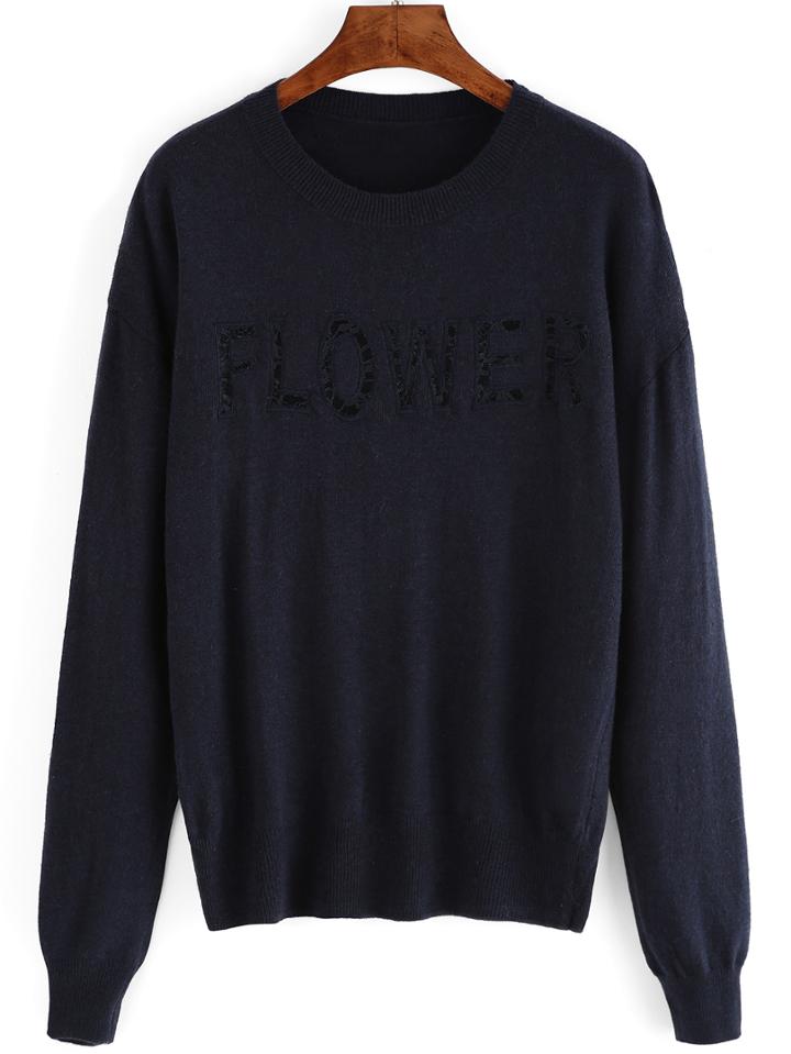 Romwe Dropped Shoulder Seam Letter Embroidered Knitwear