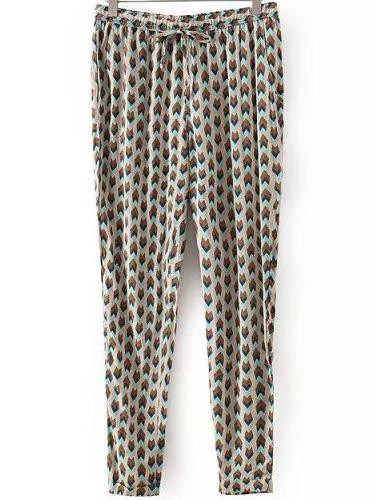 Romwe Green Geometric Print Pant With Draw Cord Waist