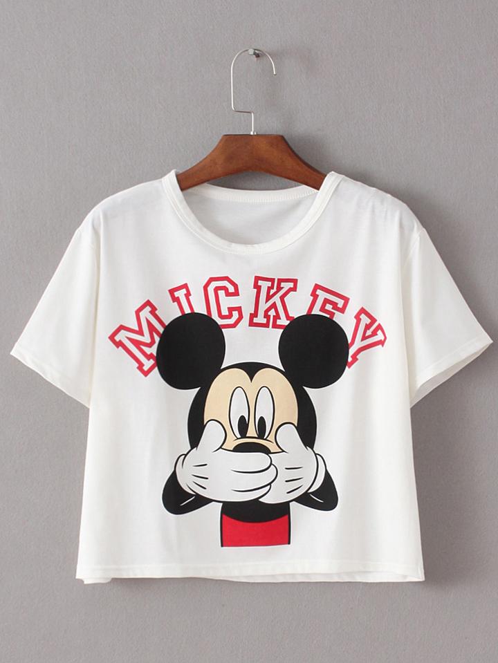 Romwe White Mickey Printed Crop T-shirt