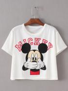 Romwe White Mickey Printed Crop T-shirt