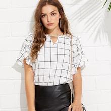 Romwe Ruffle Sleeve Keyhole Grid Top