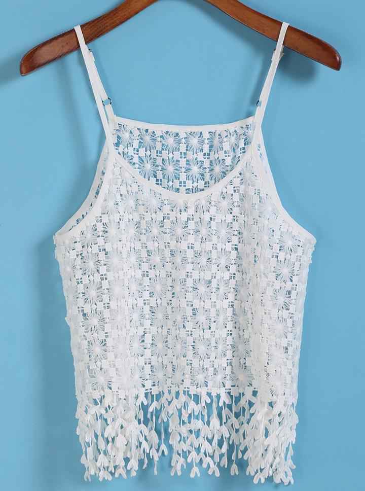 Romwe Spaghetti Strap Tassel Crochet Detail Cami Top