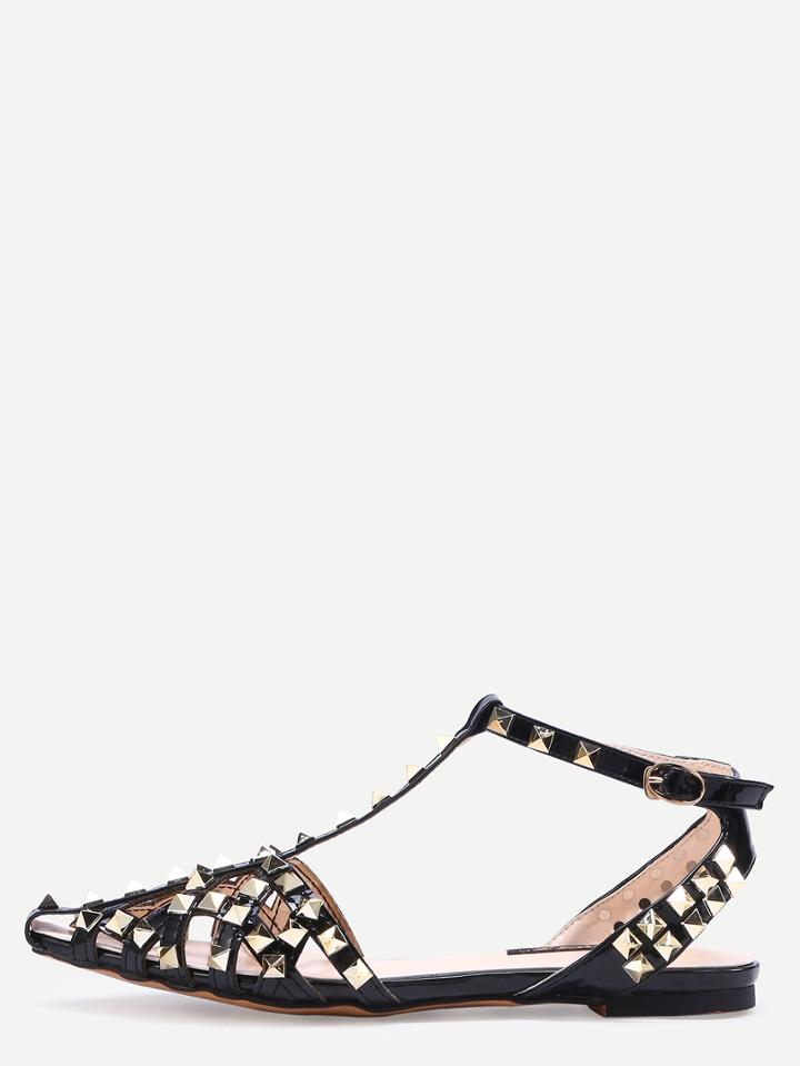 Romwe Black Almond Toe Studded T-strap Flats