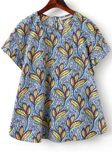 Romwe Blue Short Sleeve Leaves Print Loose Blouse