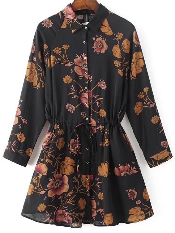 Romwe Black Floral Print Drawstring Waist Shirt Dress