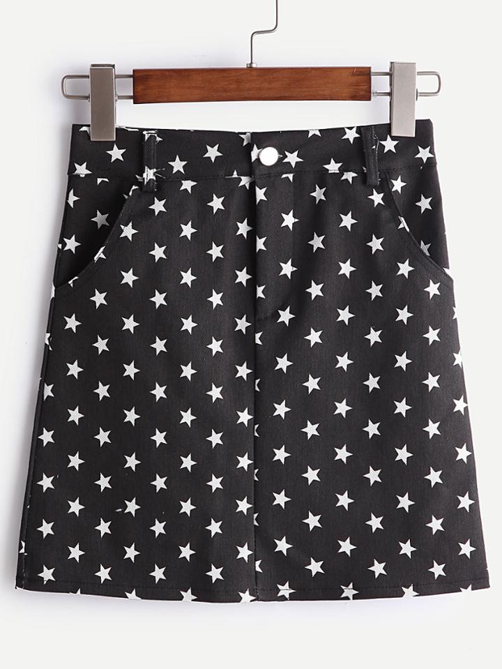 Romwe Black Star Print A-line Denim Skirt