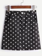 Romwe Black Star Print A-line Denim Skirt