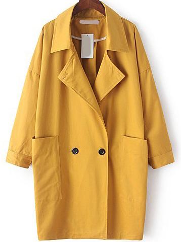Romwe Lapel Long Sleeve Pockets Yellow Coat